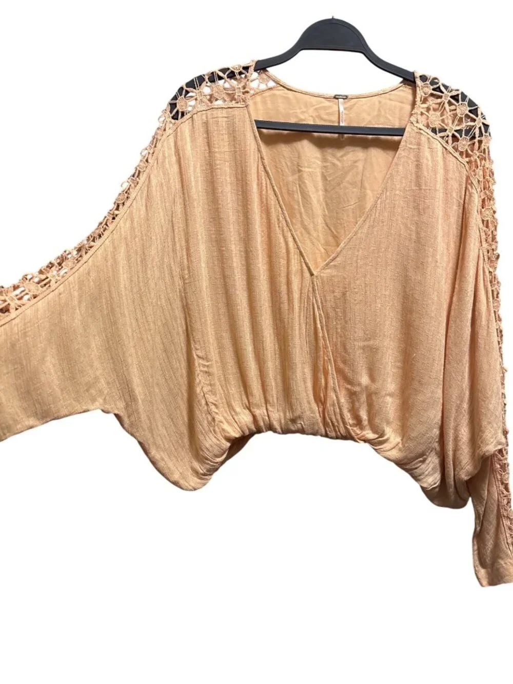 Free People Lace Sleeve Peach V-Neck Blouse Womens Size S